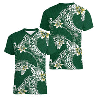 Polynesian Hawaiian Plumeria Tribal Pattern Women V-Neck T-Shirt Green Version