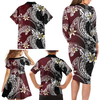 Polynesian Hawaiian Plumeria Tribal Pattern Family Matching Long Sleeve Bodycon Dress and Hawaiian Shirt Special Wine Red Version LT01 - Polynesian Pride