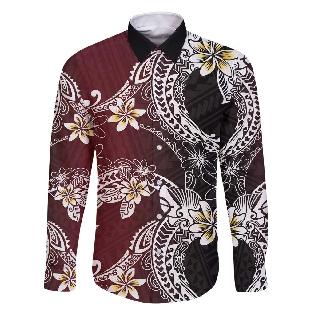 Polynesian Hawaiian Plumeria Tribal Pattern Family Matching Long Sleeve Bodycon Dress and Hawaiian Shirt Special Wine Red Version LT01 Dad's Shirt - Long Sleeve Red - Polynesian Pride