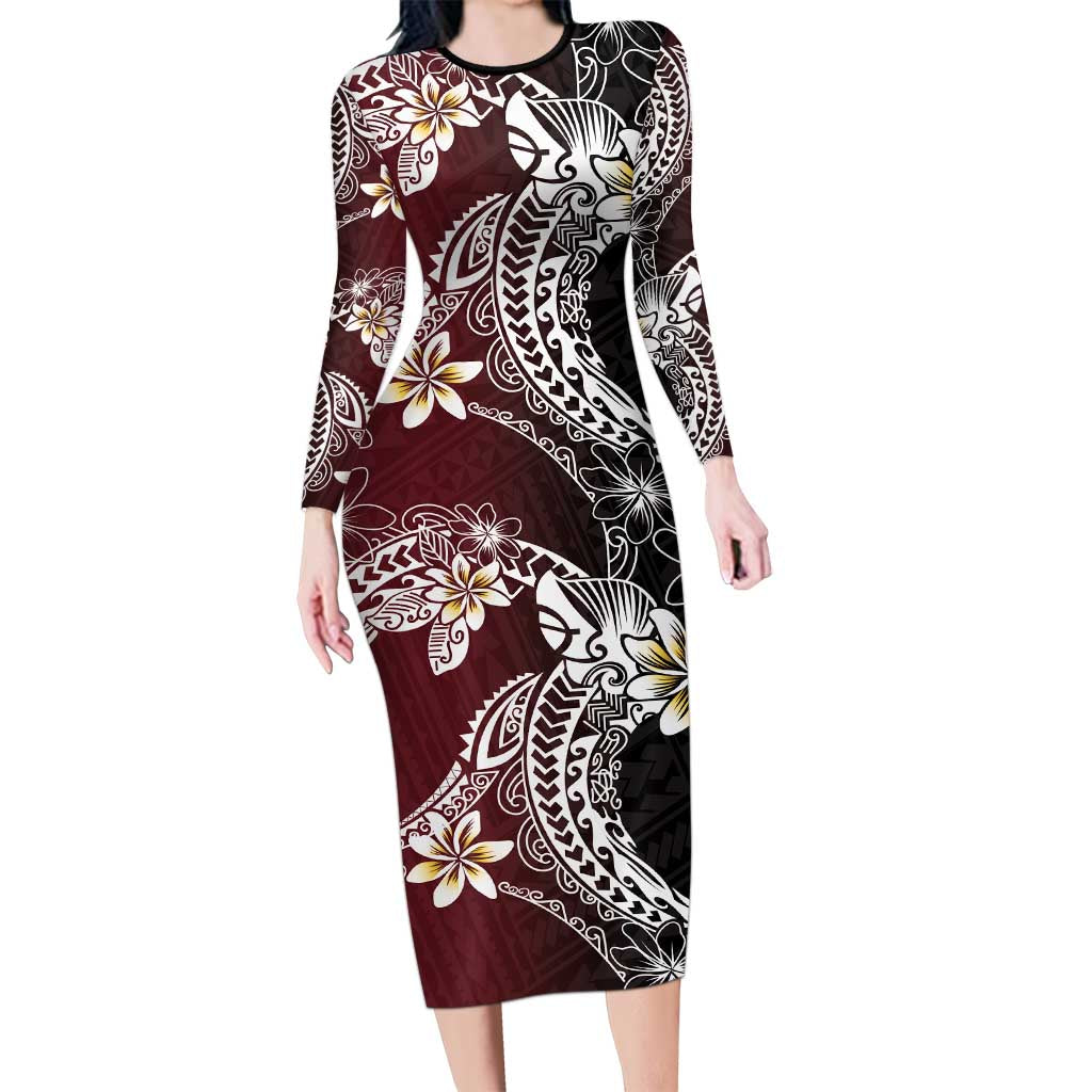 Polynesian Hawaiian Plumeria Tribal Pattern Family Matching Long Sleeve Bodycon Dress and Hawaiian Shirt Special Wine Red Version LT01 Mom's Dress Red - Polynesian Pride