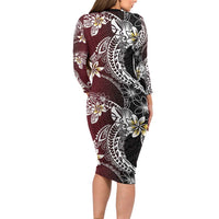 Polynesian Hawaiian Plumeria Tribal Pattern Family Matching Long Sleeve Bodycon Dress and Hawaiian Shirt Special Wine Red Version LT01 - Polynesian Pride