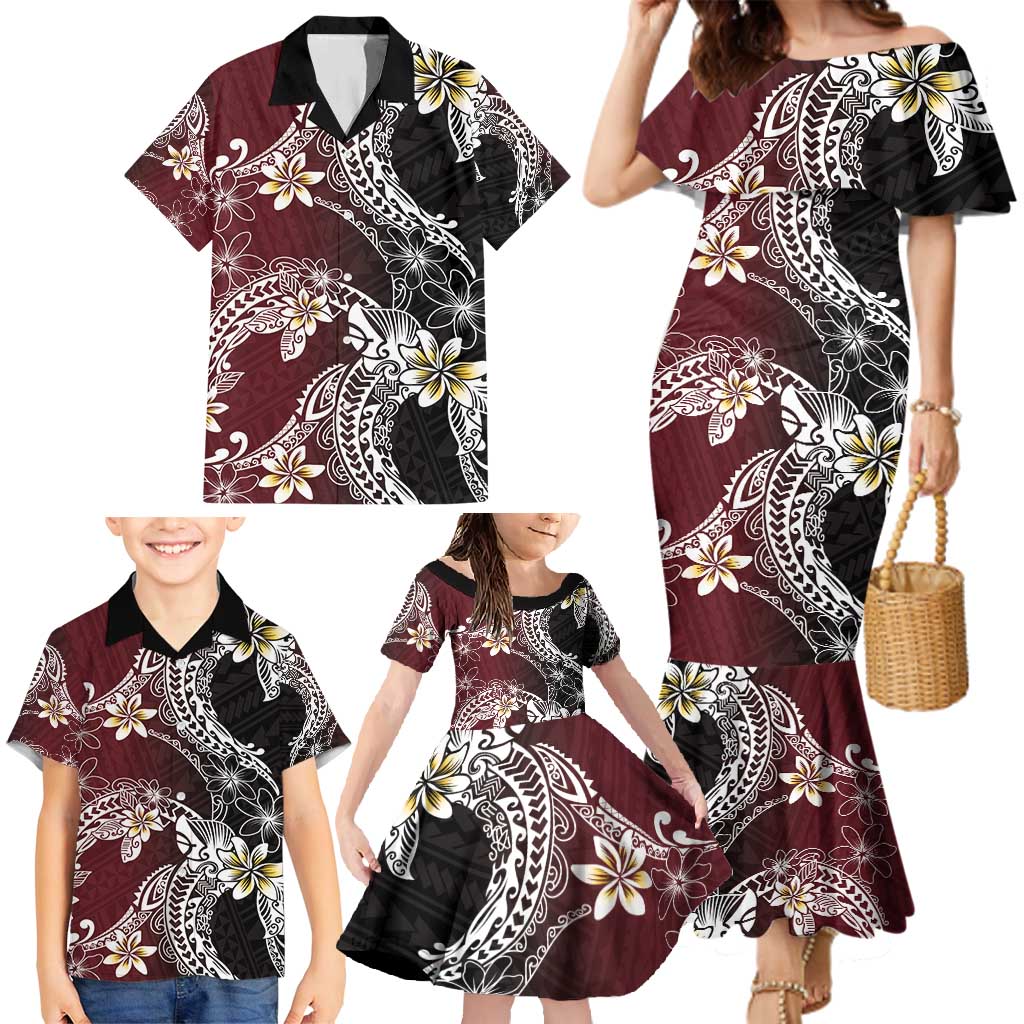 Polynesian Hawaiian Plumeria Tribal Pattern Family Matching Mermaid Dress and Hawaiian Shirt Special Wine Red Version LT01 - Polynesian Pride
