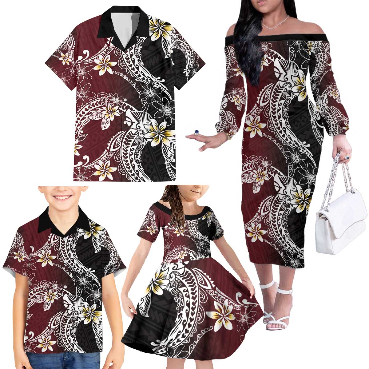 Polynesian Hawaiian Plumeria Tribal Pattern Family Matching Off The Shoulder Long Sleeve Dress and Hawaiian Shirt Special Wine Red Version LT01 - Polynesian Pride