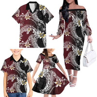 Polynesian Hawaiian Plumeria Tribal Pattern Family Matching Off The Shoulder Long Sleeve Dress and Hawaiian Shirt Special Wine Red Version LT01 - Polynesian Pride