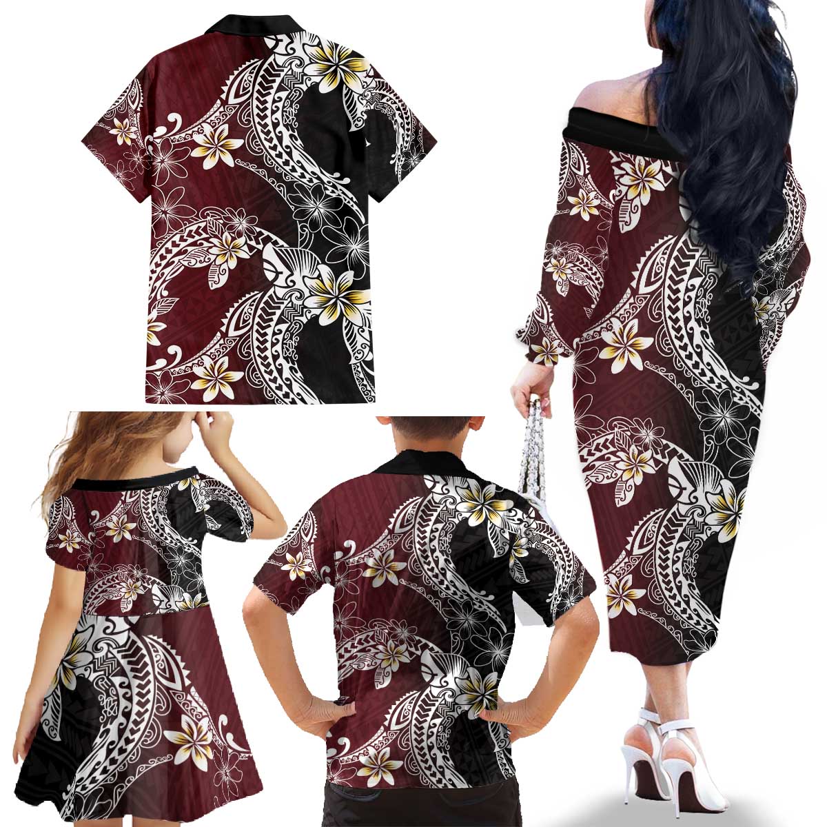 Polynesian Hawaiian Plumeria Tribal Pattern Family Matching Off The Shoulder Long Sleeve Dress and Hawaiian Shirt Special Wine Red Version LT01 - Polynesian Pride
