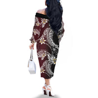 Polynesian Hawaiian Plumeria Tribal Pattern Family Matching Off The Shoulder Long Sleeve Dress and Hawaiian Shirt Special Wine Red Version LT01 - Polynesian Pride