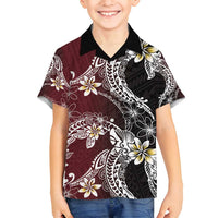 Polynesian Hawaiian Plumeria Tribal Pattern Family Matching Off Shoulder Short Dress and Hawaiian Shirt Special Wine Red Version