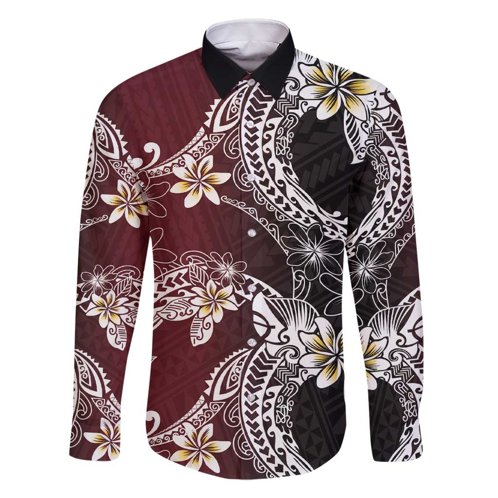 Polynesian Hawaiian Plumeria Tribal Pattern Family Matching Short Sleeve Bodycon Dress and Hawaiian Shirt Special Wine Red Version LT01 Dad's Shirt - Long Sleeve Red - Polynesian Pride