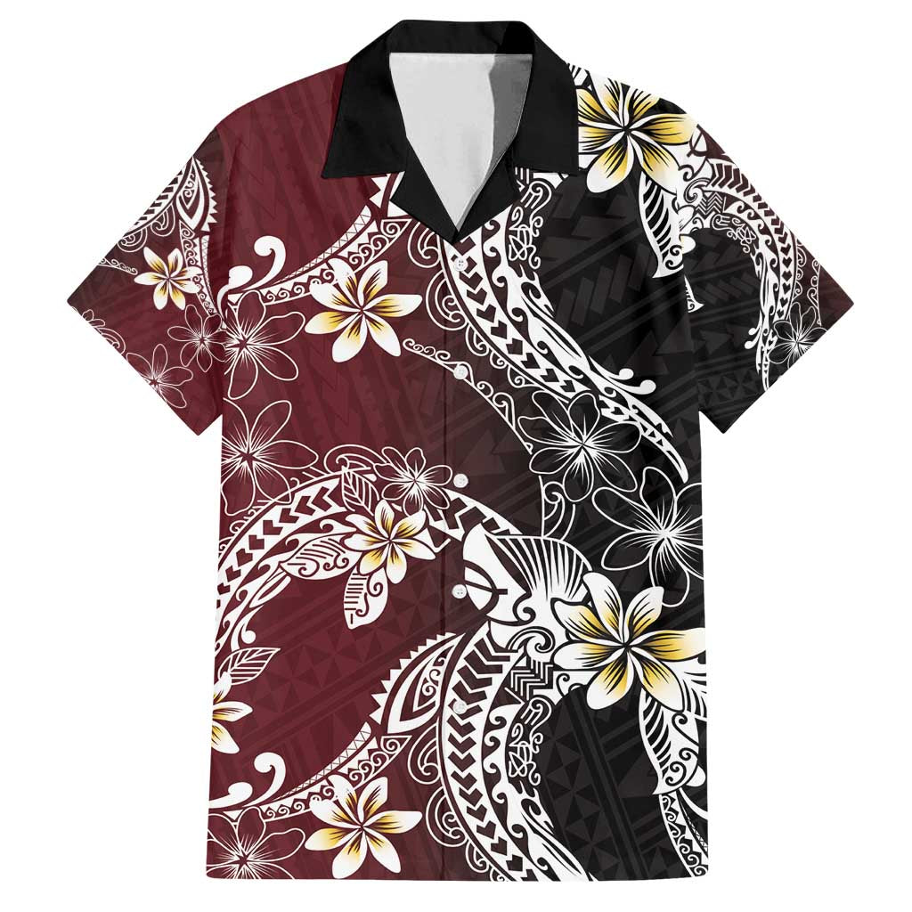 Polynesian Hawaiian Plumeria Tribal Pattern Family Matching Tank Maxi Dress and Hawaiian Shirt Special Wine Red Version LT01 Dad's Shirt - Short Sleeve Red - Polynesian Pride