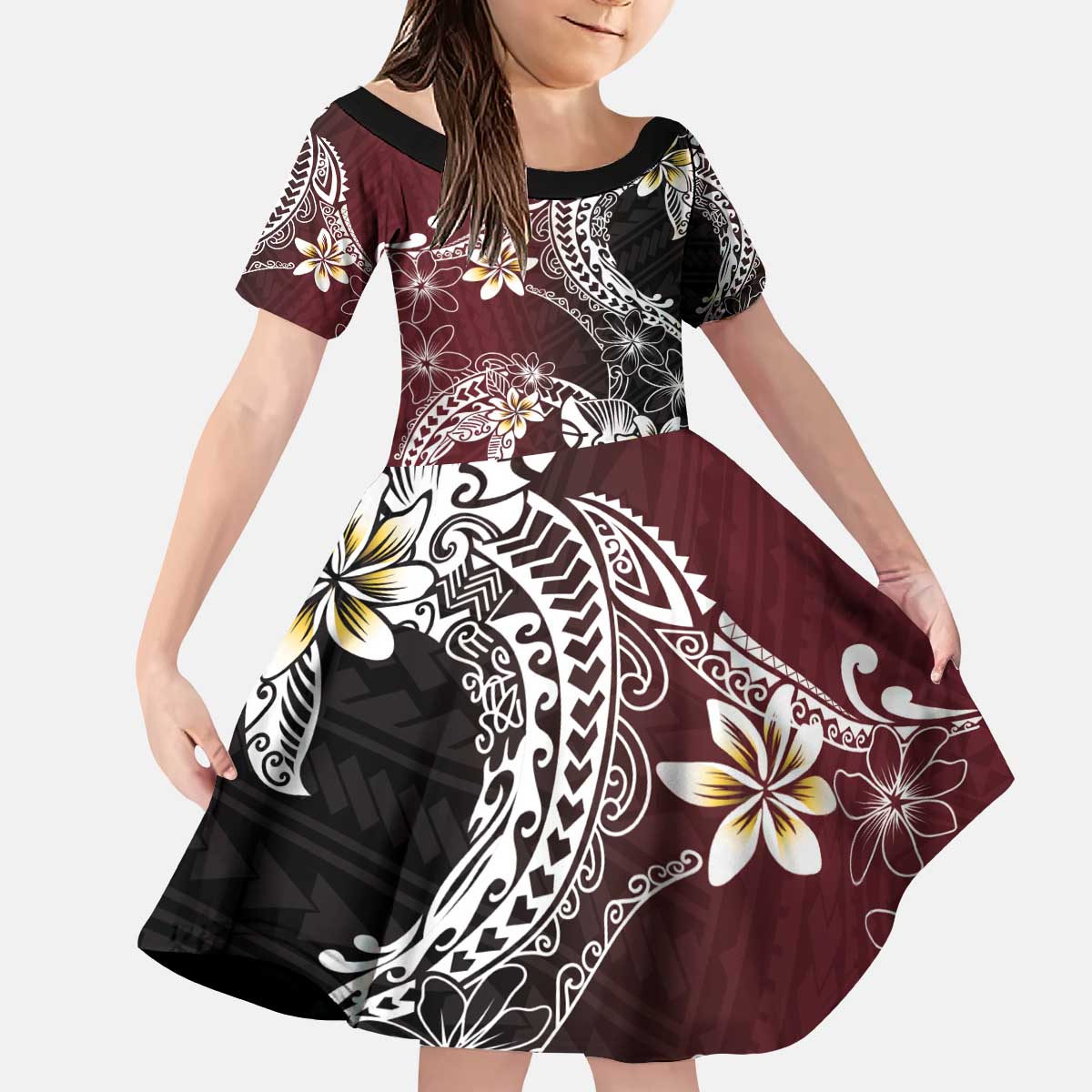 Polynesian Hawaiian Plumeria Tribal Pattern Kid Short Sleeve Dress Special Wine Red Version