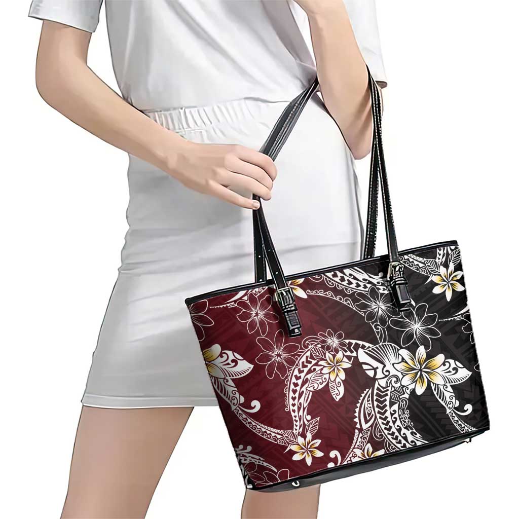 Polynesian Hawaiian Plumeria Tribal Pattern Leather Tote Bag Special Wine Red Version