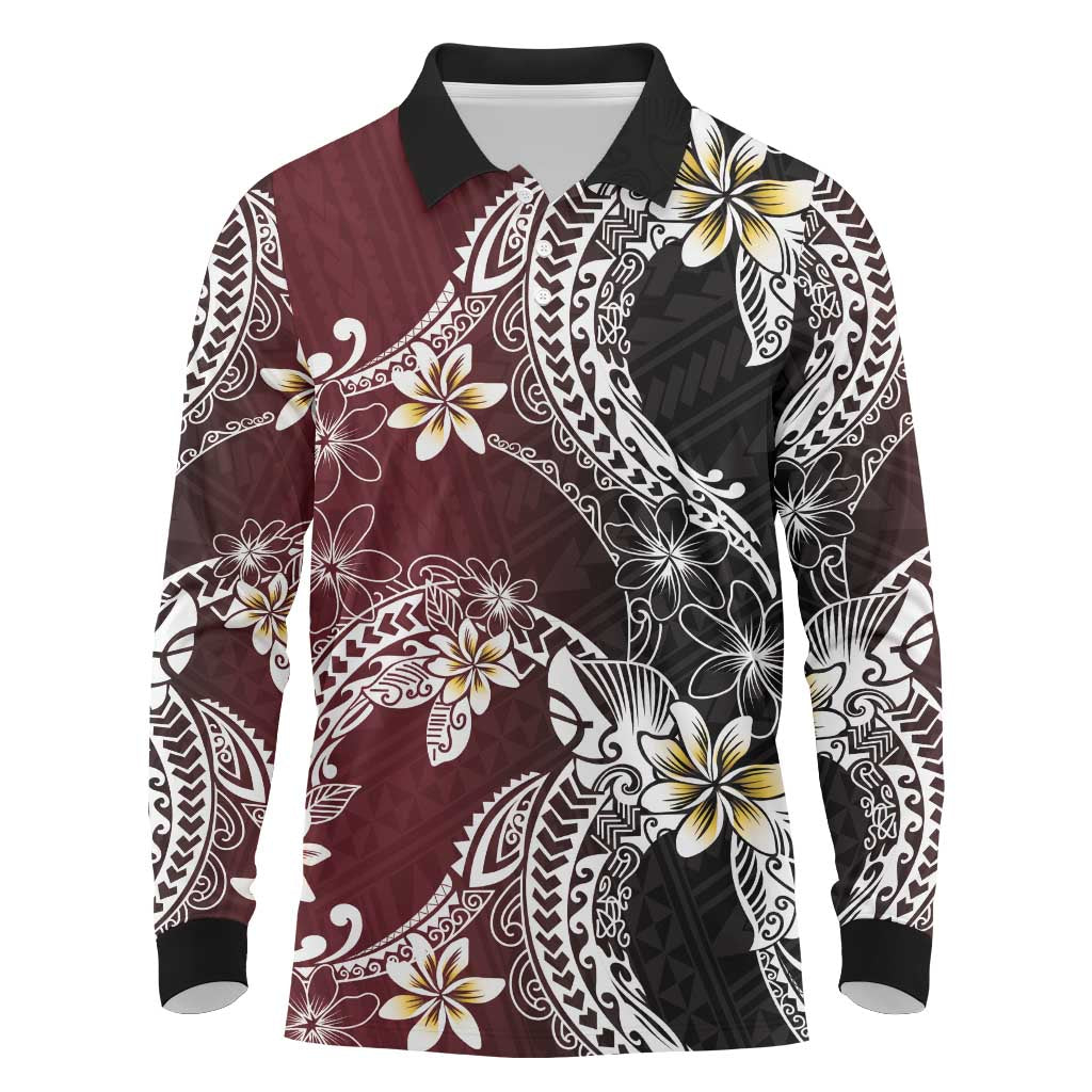 Polynesian Hawaiian Plumeria Tribal Pattern Long Sleeve Polo Shirt Special Wine Red Version