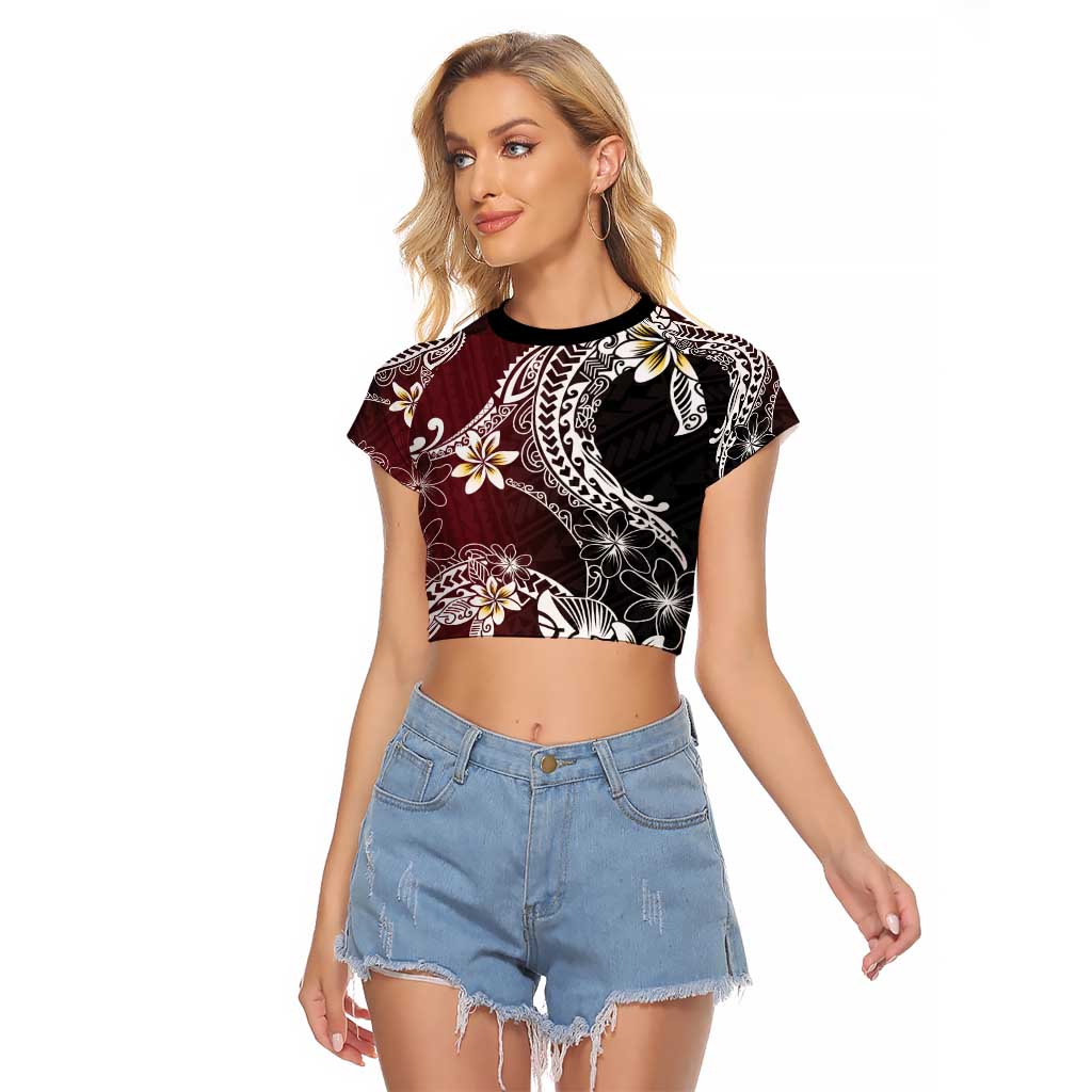 Polynesian Hawaiian Plumeria Tribal Pattern Raglan Cropped T Shirt Special Wine Red Version