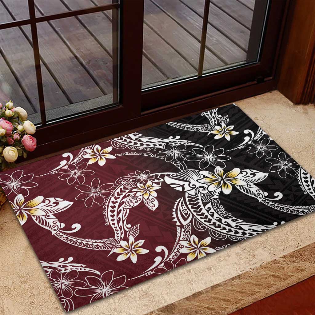 Polynesian Hawaiian Plumeria Tribal Pattern Rubber Doormat Special Wine Red Version