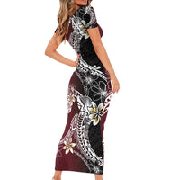 Polynesian Hawaiian Plumeria Tribal Pattern Short Sleeve Bodycon Dress Special Wine Red Version LT01 - Polynesian Pride