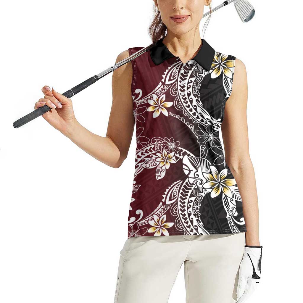 Polynesian Hawaiian Plumeria Tribal Pattern Women Sleeveless Polo Shirt Special Wine Red Version