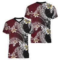 Polynesian Hawaiian Plumeria Tribal Pattern Women V-Neck T-Shirt Special Wine Red Version