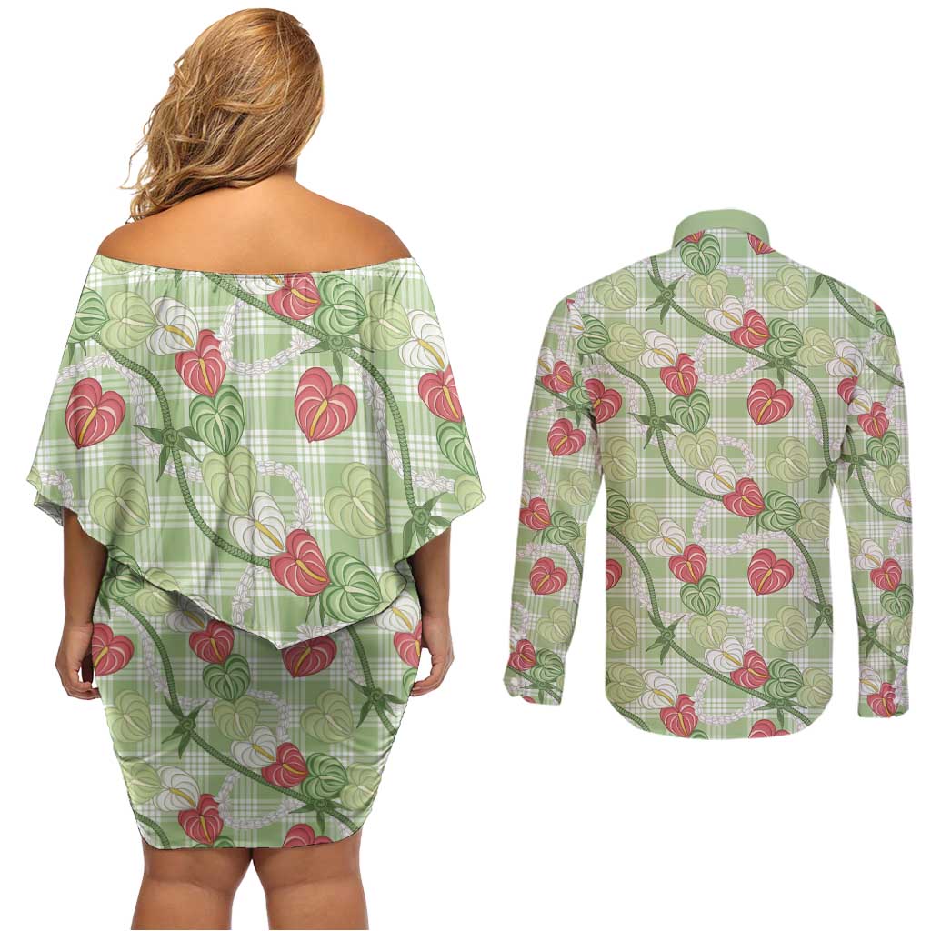 Anthurium Pikake Ti Leaf Palaka Couples Matching Off Shoulder Short Dress and Long Sleeve Button Shirt Green Version