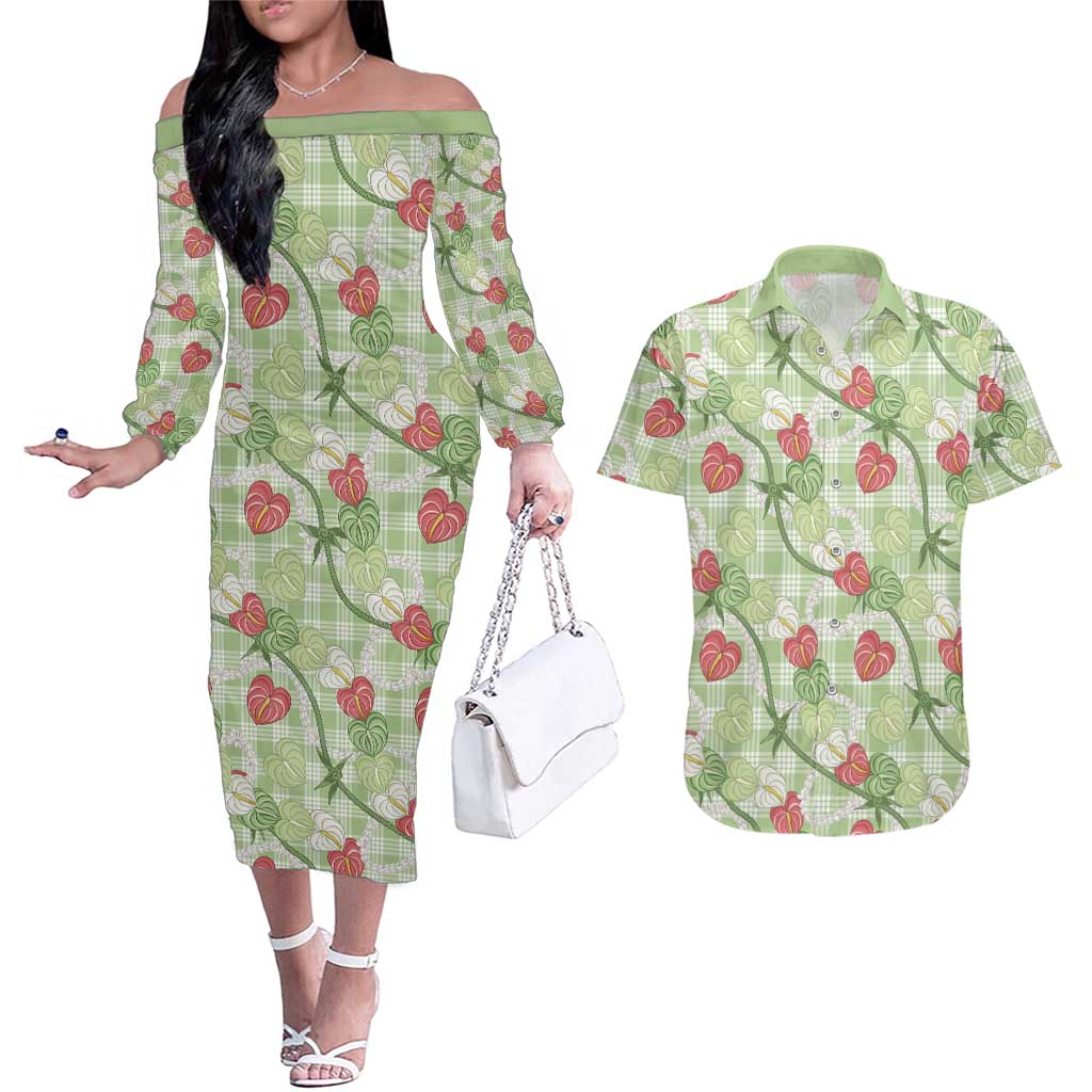 Anthurium Pikake Ti Leaf Palaka Couples Matching Off The Shoulder Long Sleeve Dress and Hawaiian Shirt Green Version