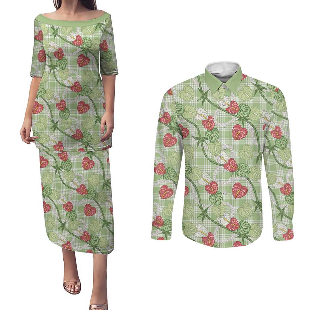 Anthurium Pikake Ti Leaf Palaka Couples Matching Puletasi and Long Sleeve Button Shirt Green Version