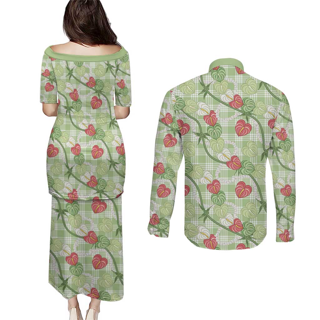 Anthurium Pikake Ti Leaf Palaka Couples Matching Puletasi and Long Sleeve Button Shirt Green Version