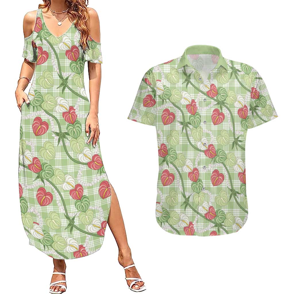 Anthurium Pikake Ti Leaf Palaka Couples Matching Summer Maxi Dress and Hawaiian Shirt Green Version
