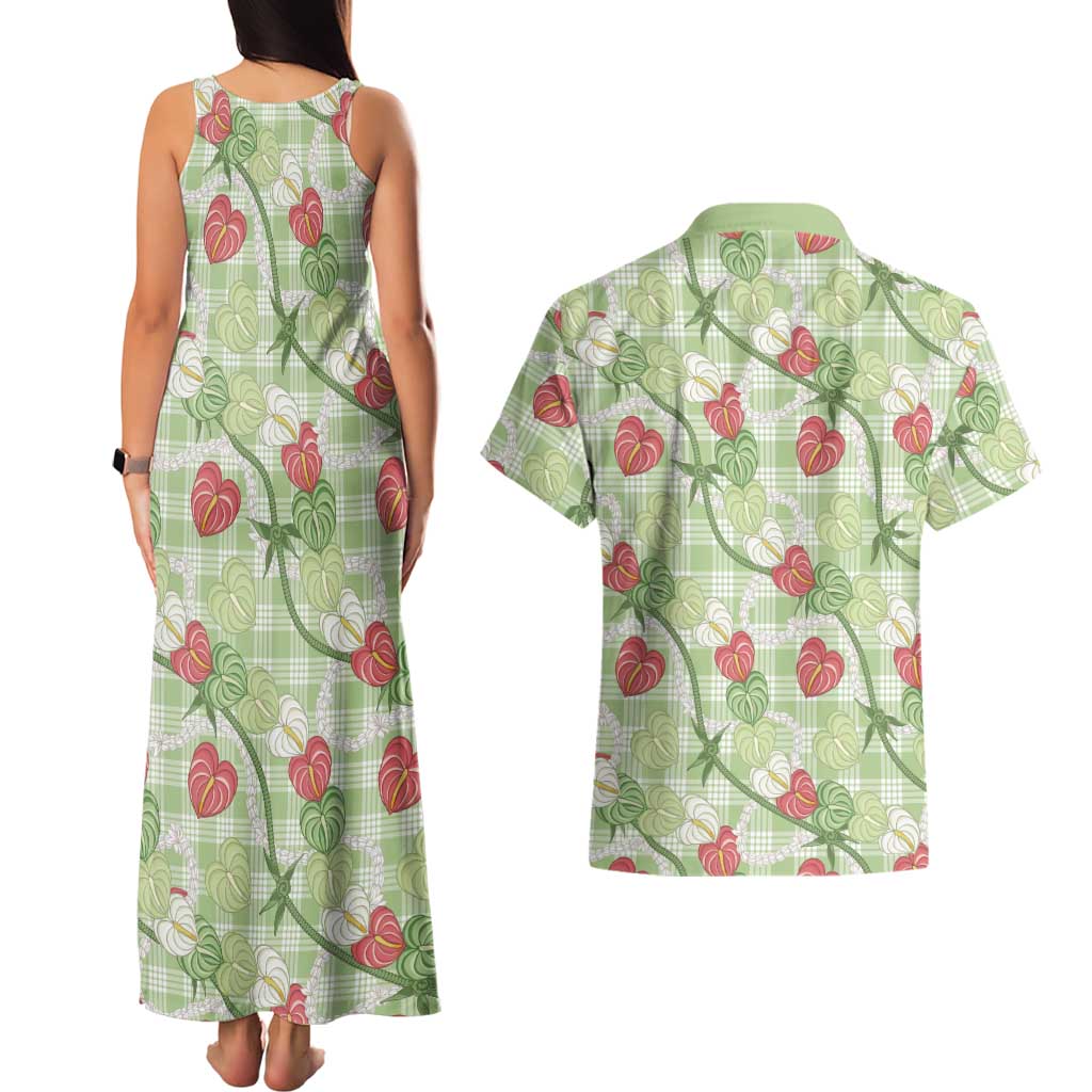 Anthurium Pikake Ti Leaf Palaka Couples Matching Tank Maxi Dress and Hawaiian Shirt Green Version