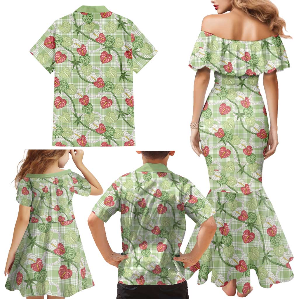 Anthurium Pikake Ti Leaf Palaka Family Matching Mermaid Dress and Hawaiian Shirt Green Version