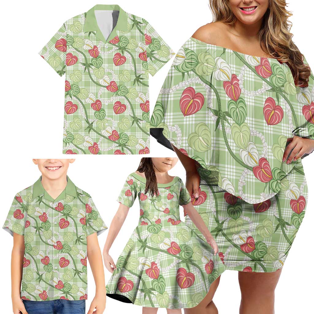 Anthurium Pikake Ti Leaf Palaka Family Matching Off Shoulder Short Dress and Hawaiian Shirt Green Version