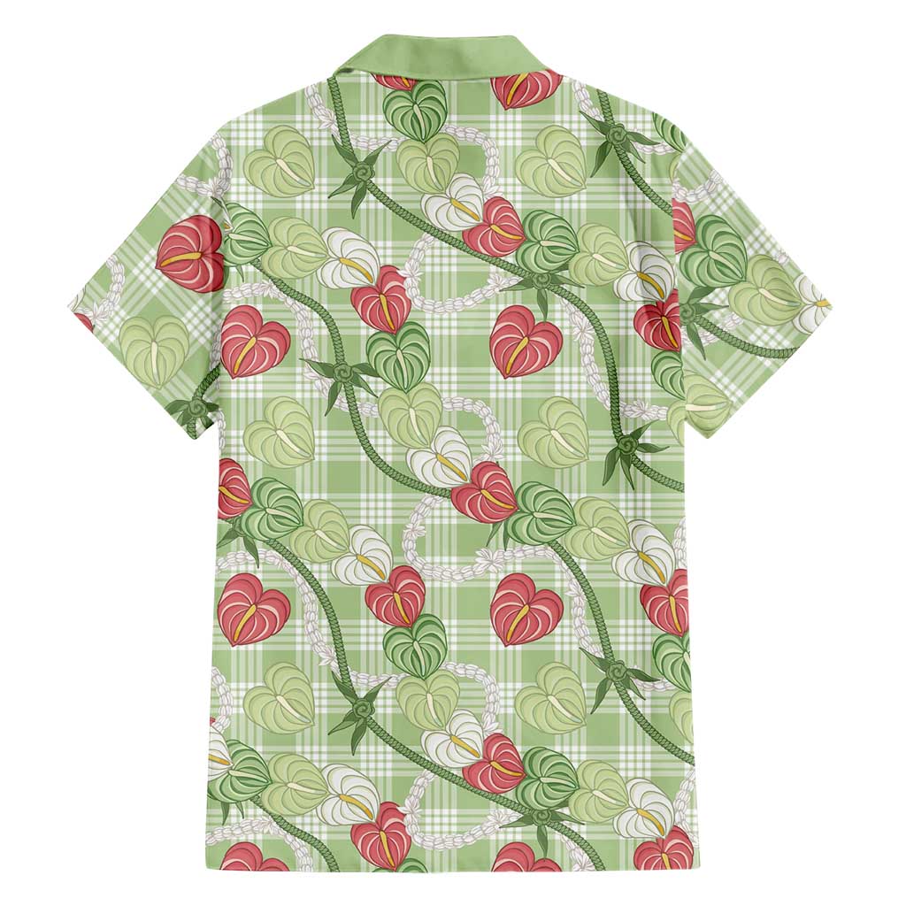 Anthurium Pikake Ti Leaf Palaka Family Matching Off Shoulder Short Dress and Hawaiian Shirt Green Version