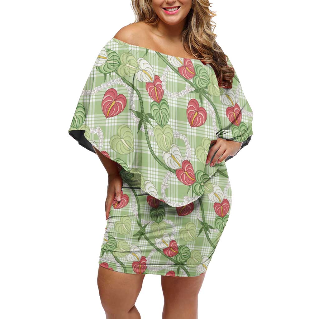 Anthurium Pikake Ti Leaf Palaka Family Matching Off Shoulder Short Dress and Hawaiian Shirt Green Version