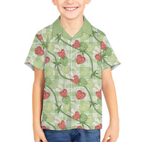 Anthurium Pikake Ti Leaf Palaka Family Matching Off Shoulder Short Dress and Hawaiian Shirt Green Version