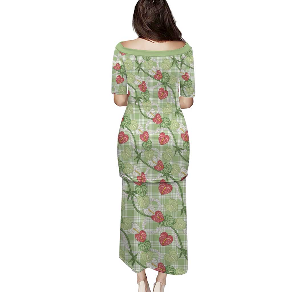 Anthurium Pikake Ti Leaf Palaka Family Matching Puletasi and Hawaiian Shirt Green Version