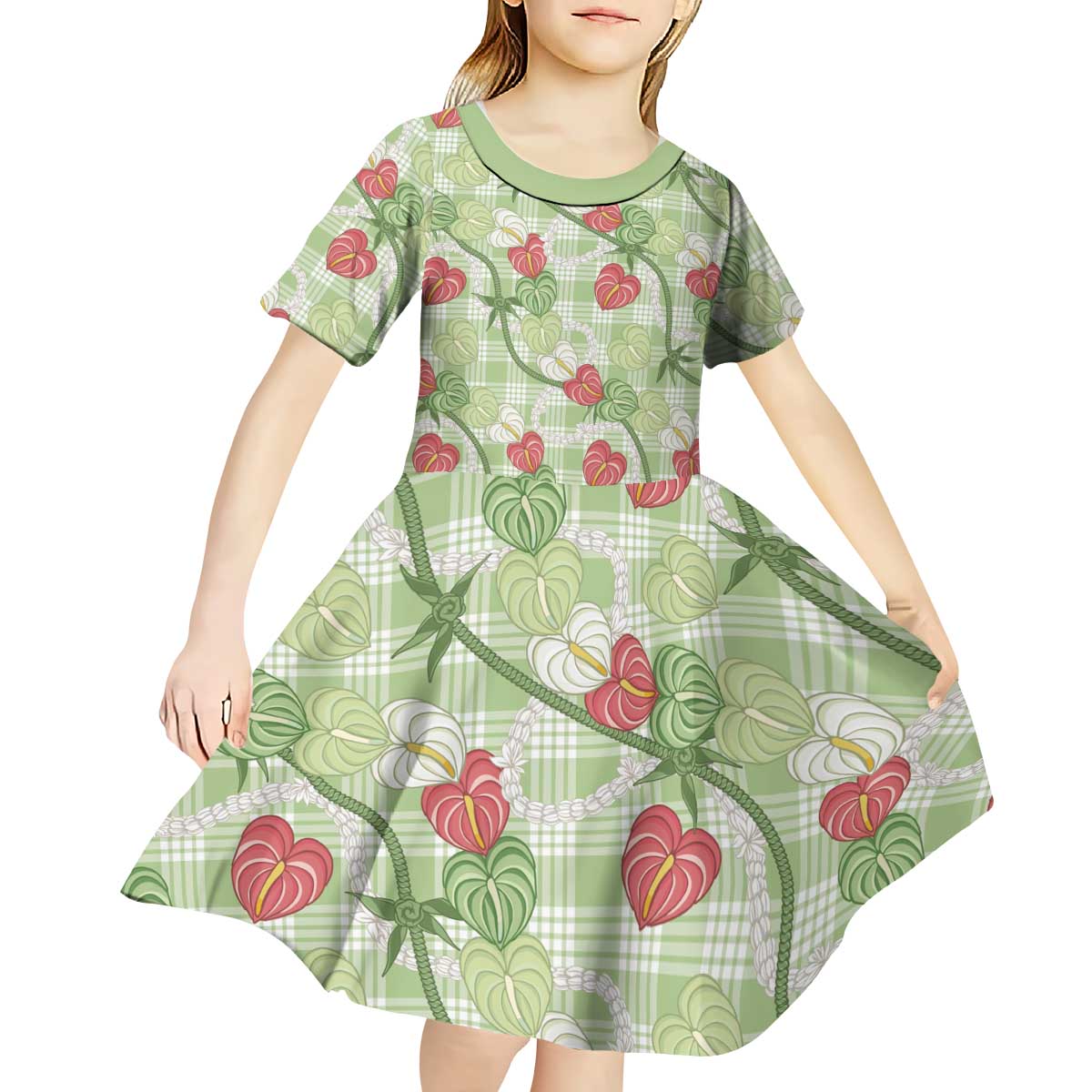Anthurium Pikake Ti Leaf Palaka Kid Short Sleeve Dress Green Version