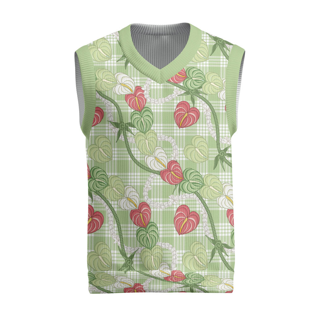 Anthurium Pikake Ti Leaf Palaka Christmas Knitted V-Neck Vest Green Version LT01 Green - Polynesian Pride