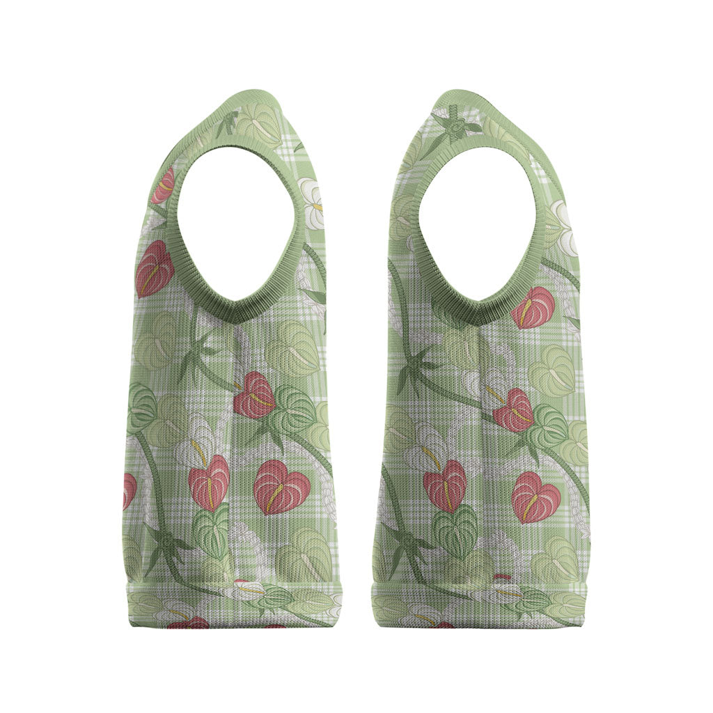 Anthurium Pikake Ti Leaf Palaka Christmas Knitted V-Neck Vest Green Version LT01 - Polynesian Pride