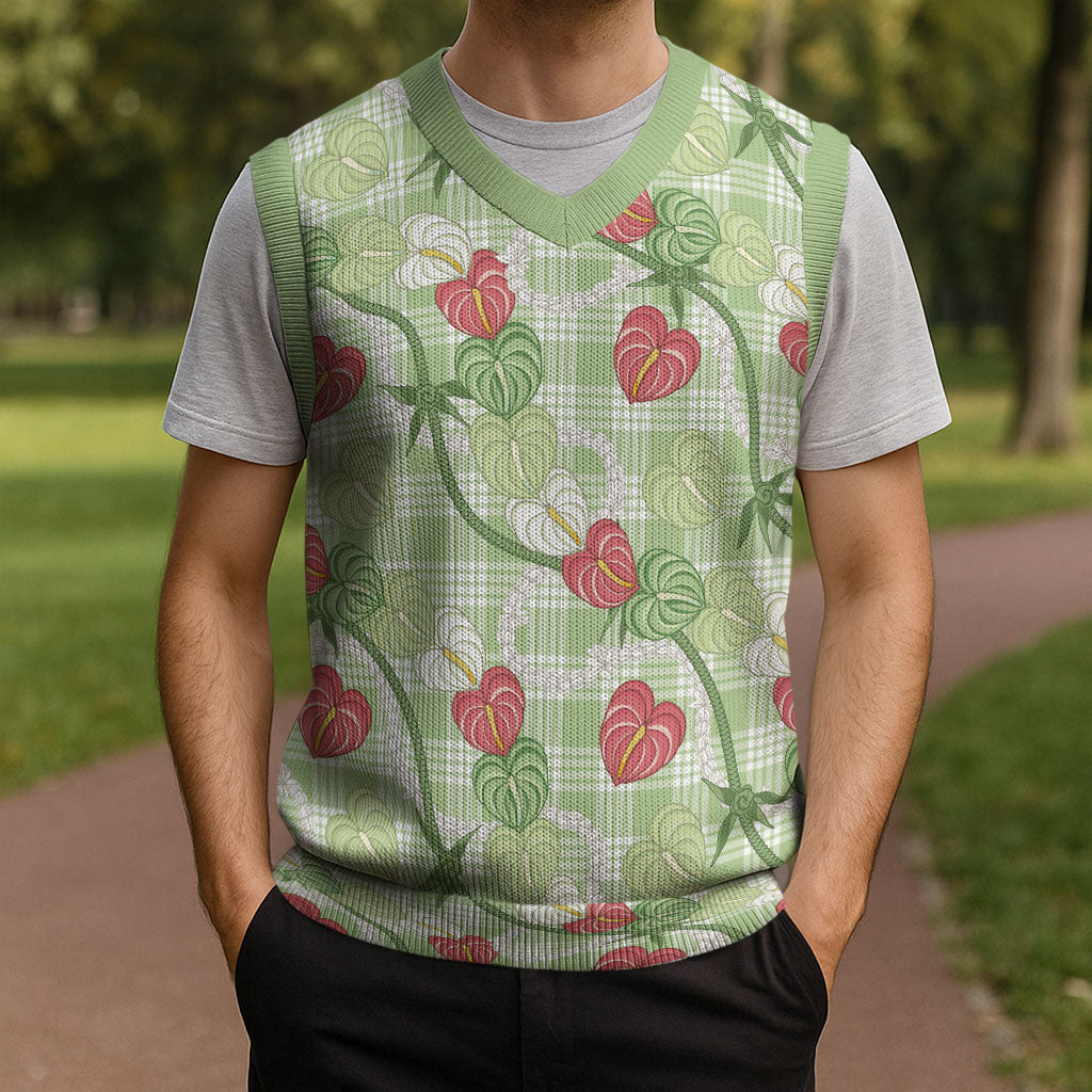 Anthurium Pikake Ti Leaf Palaka Christmas Knitted V-Neck Vest Green Version LT01 - Polynesian Pride