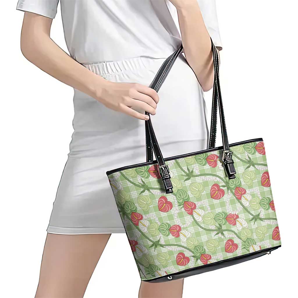 Anthurium Pikake Ti Leaf Palaka Leather Tote Bag Green Version