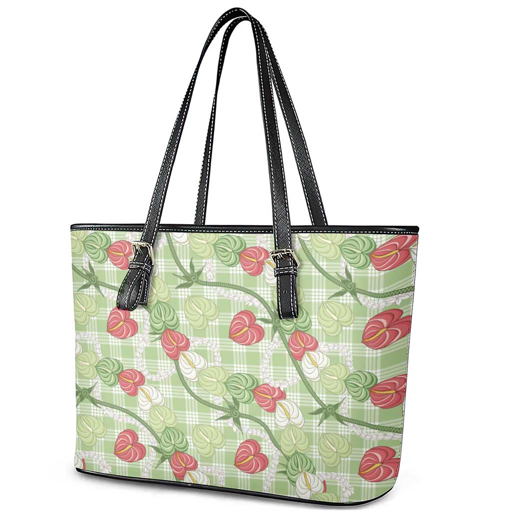 Anthurium Pikake Ti Leaf Palaka Leather Tote Bag Green Version