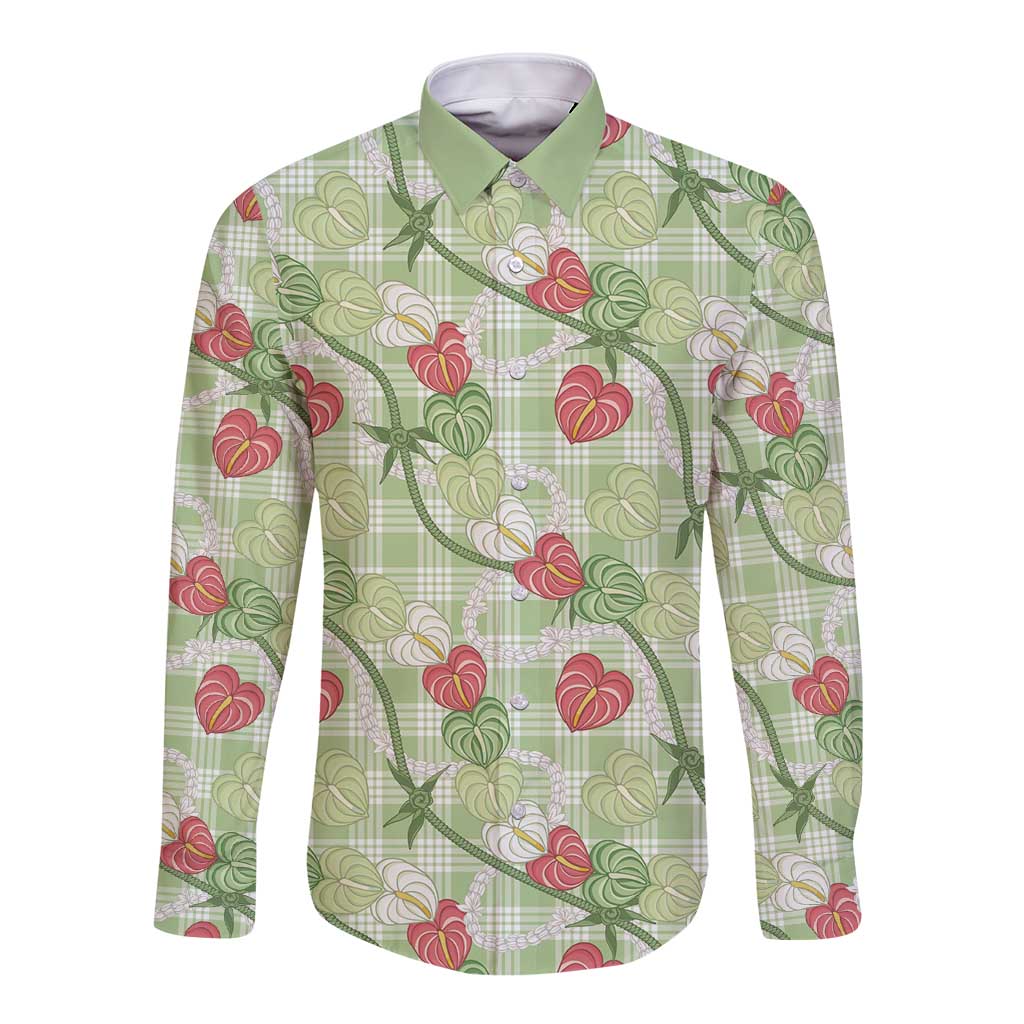 Anthurium Pikake Ti Leaf Palaka Long Sleeve Button Shirt Green Version