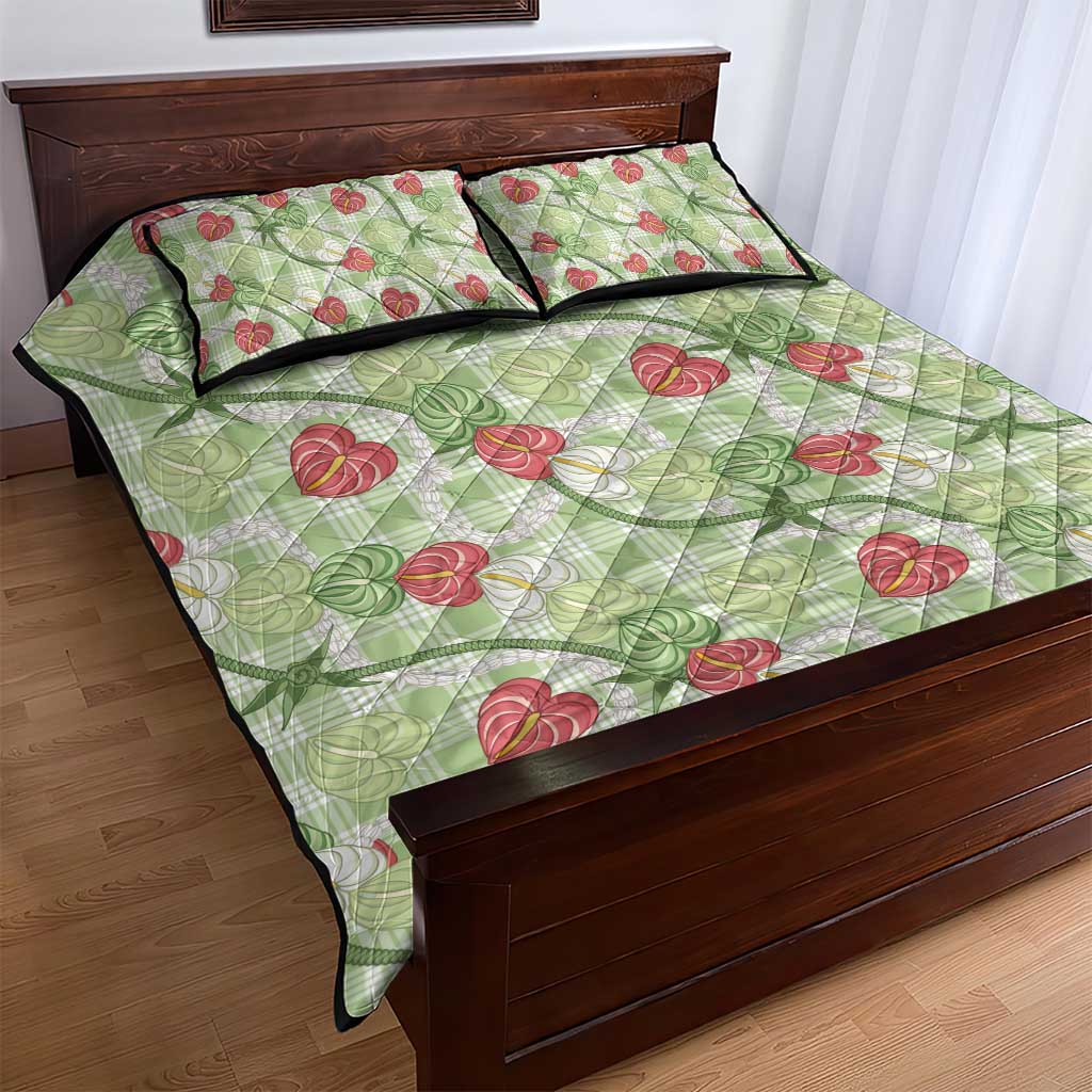 Anthurium Pikake Ti Leaf Palaka Quilt Bed Set Green Version