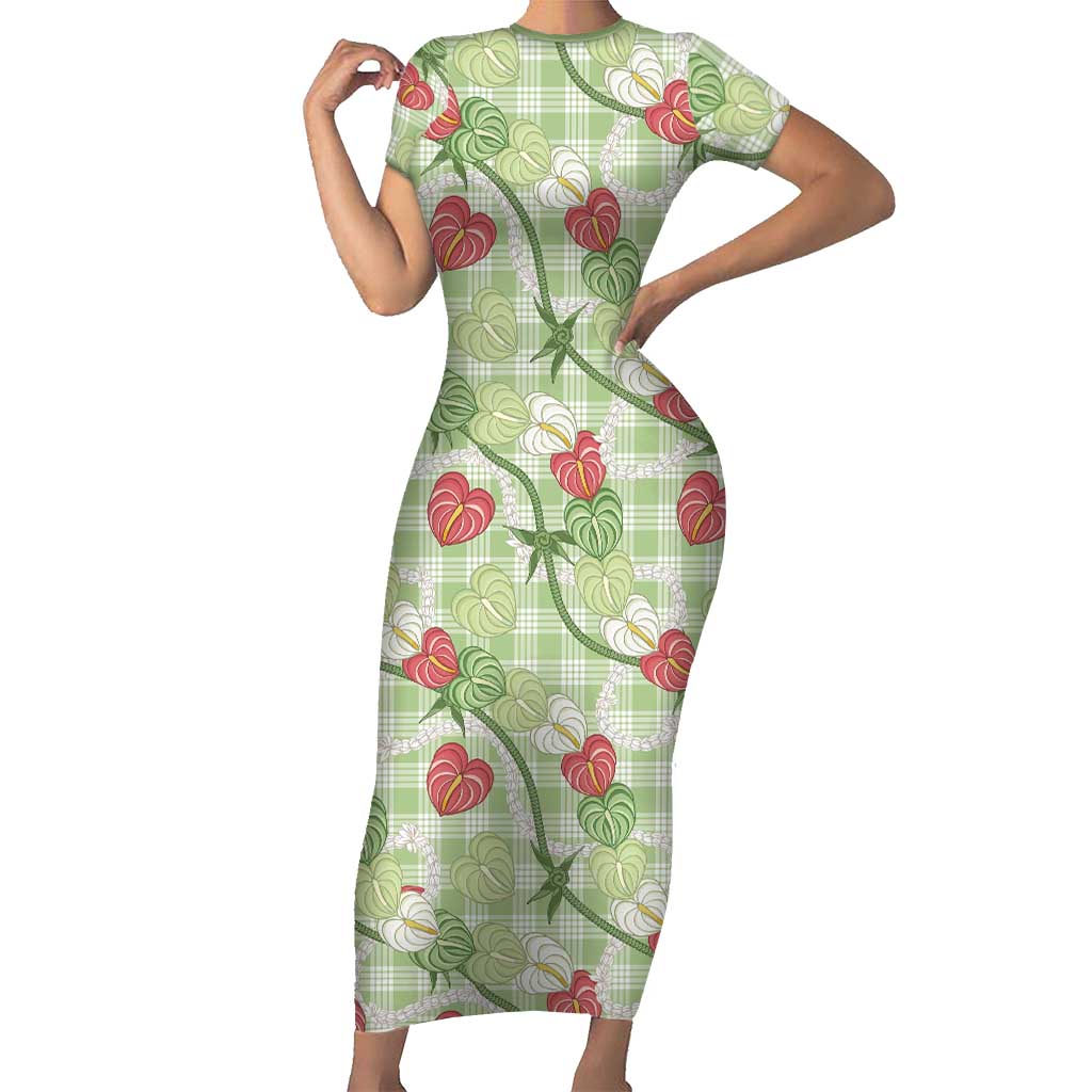 Anthurium Pikake Ti Leaf Palaka Short Sleeve Bodycon Dress Green Version