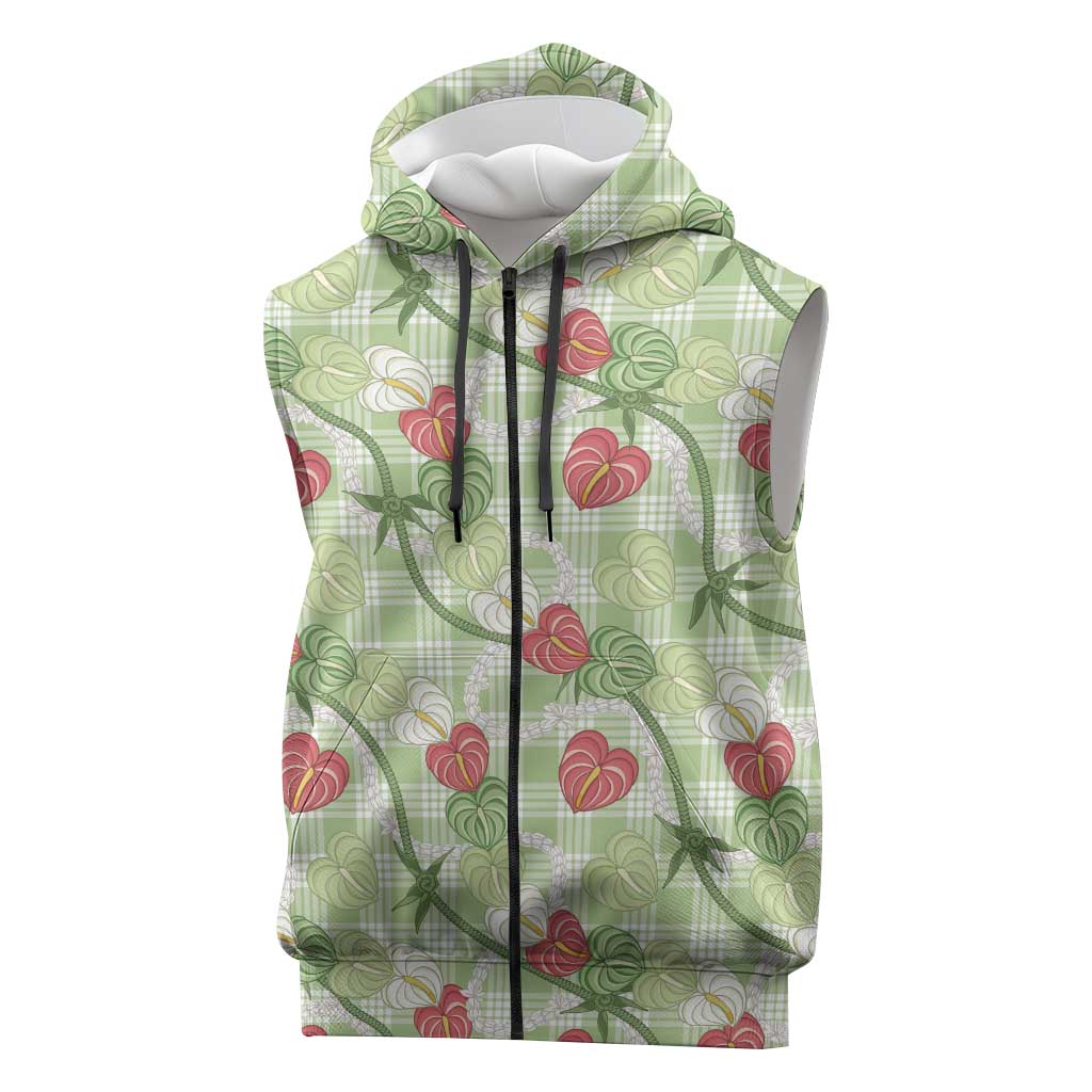 Anthurium Pikake Ti Leaf Palaka Sleeveless Zip Hoodie Green Version LT01 Green - Polynesian Pride