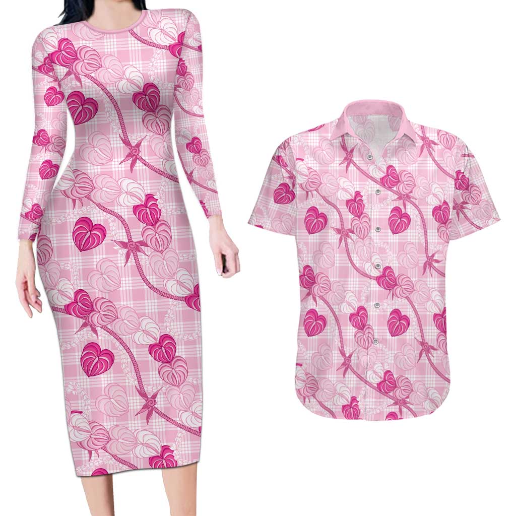 Anthurium Pikake Ti Leaf Palaka Couples Matching Long Sleeve Bodycon Dress and Hawaiian Shirt Pink Version