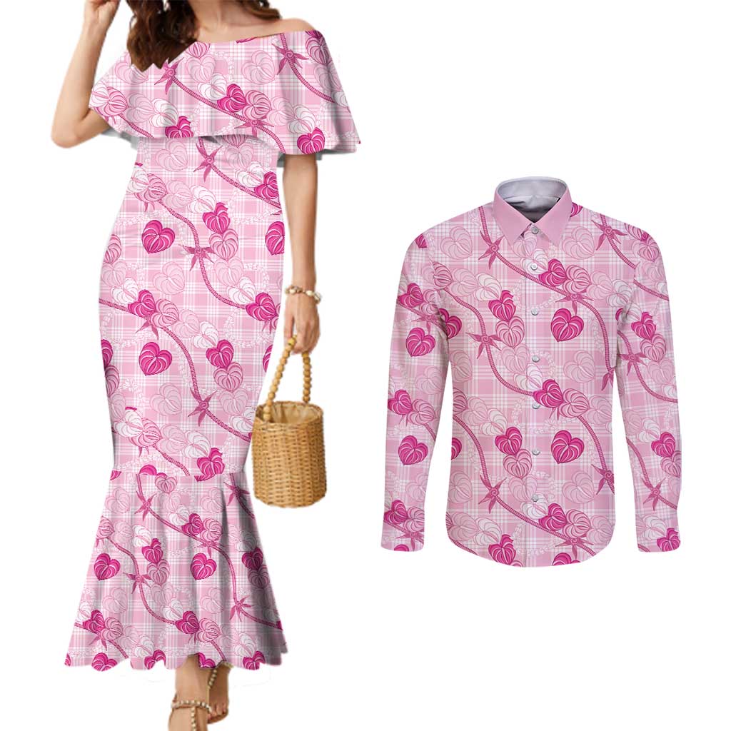 Anthurium Pikake Ti Leaf Palaka Couples Matching Mermaid Dress and Long Sleeve Button Shirt Pink Version