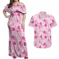 Anthurium Pikake Ti Leaf Palaka Couples Matching Off Shoulder Maxi Dress and Hawaiian Shirt Pink Version