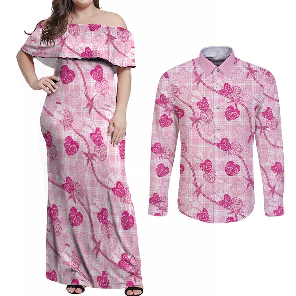Anthurium Pikake Ti Leaf Palaka Couples Matching Off Shoulder Maxi Dress and Long Sleeve Button Shirt Pink Version