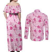 Anthurium Pikake Ti Leaf Palaka Couples Matching Off Shoulder Maxi Dress and Long Sleeve Button Shirt Pink Version