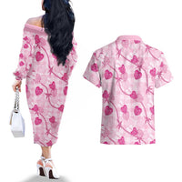 Anthurium Pikake Ti Leaf Palaka Couples Matching Off The Shoulder Long Sleeve Dress and Hawaiian Shirt Pink Version
