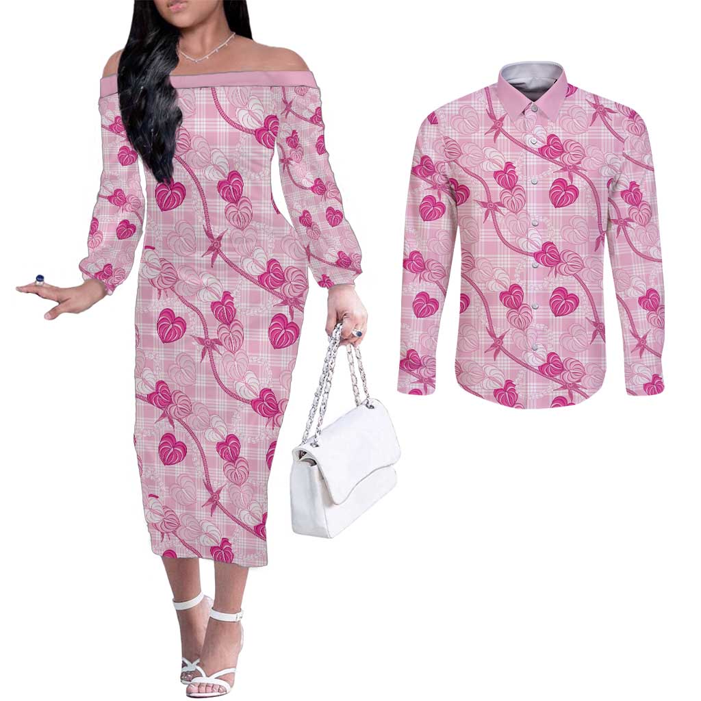 Anthurium Pikake Ti Leaf Palaka Couples Matching Off The Shoulder Long Sleeve Dress and Long Sleeve Button Shirt Pink Version
